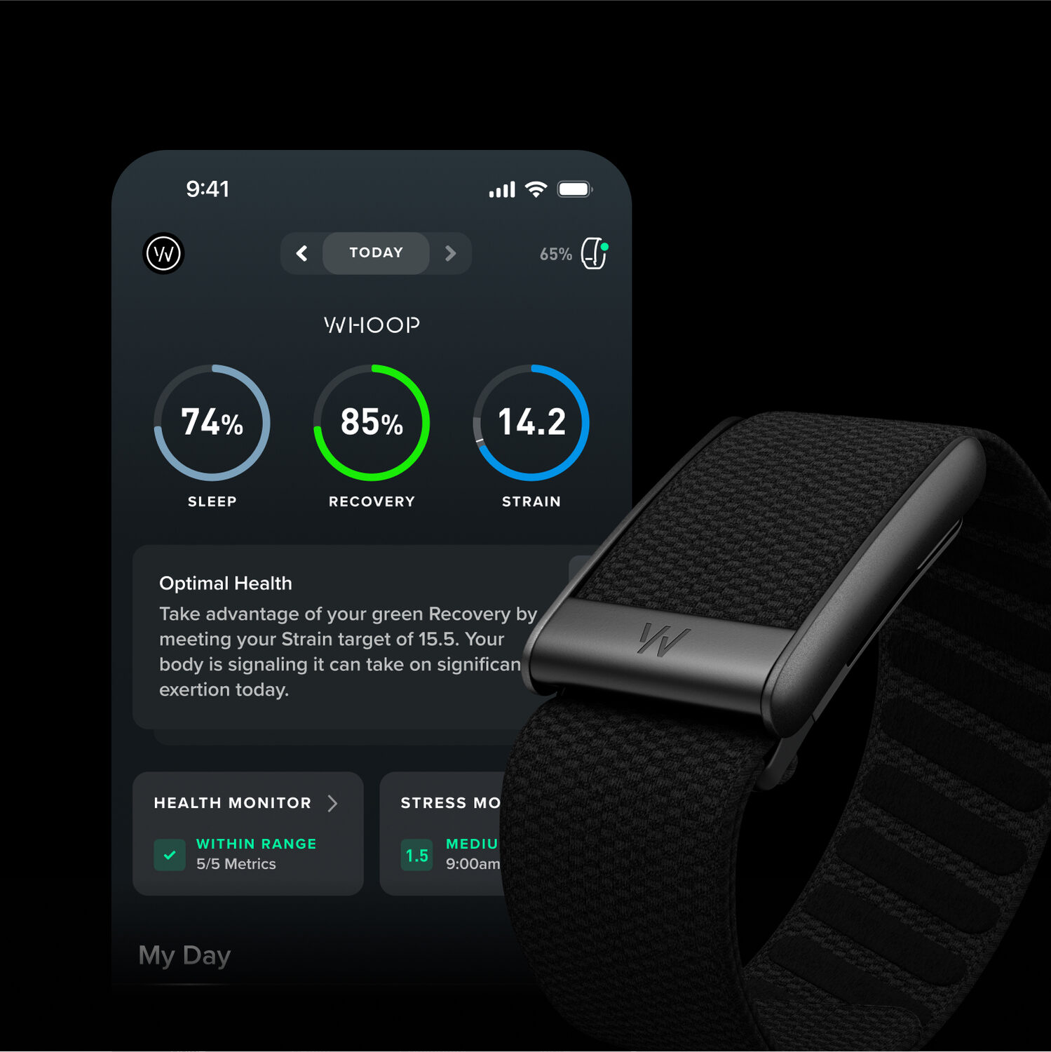 A WHOOP app Recovery és alvás képernyője – napi felépülési százalék és alváselemzés